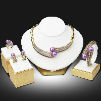 Tibetan Style Jewelry Sets, bangle & finger ring & earring & necklace, with Glass Pearl, gold color plated, enamel & with rhinestone, nickel, lead & cadmium free, 20mm, 13x28mm, 125mm, Inner Diameter:Approx 65mm, US Ring Size:8, Length:Approx 15 Inch, Approx 7.8 Inch, Sold By Set