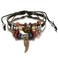 PU Leather Cord Bracelets, Tibetan Style, with PU Leather & Wood, plated, charm bracelet & adjustable & 3-strand, lead & cadmium free, 65mm, Inner Diameter:Approx 60mm, Length:Approx 7 Inch, Sold By PC