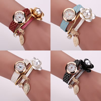 Women Watch Bracelet PU Leather with aluminum flower ornament & Glass Pearl & Glass & Zinc Alloy gold color plated with rhinestone nickel lead & cadmium free 24mm 18mm Sold Per Approx 7.9 Inch Strand