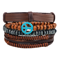 Kuhhaut Armband-Set, mit Gewachsten Baumwollkordel & Holz, Frieden Logo, einstellbar, Länge:ca. 7-7.9 ZollInch, 4SträngeStrang/setzen, verkauft von setzen
