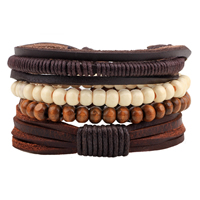 Cowhide Bracelet Set, with Waxed Cotton Cord & Wood, adjustable, Length:Approx 7-7.9 Inch, 4Strands/Set, Sold By Set