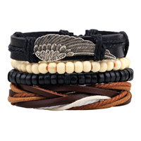 Cowhide Bracelet Set, with Waxed Cotton Cord & Wood & Tibetan Style, Wing Shape, antique silver color plated, braided bracelet & adjustable, Length:Approx 7-7.9 Inch, 4Strands/Set, Sold By Set