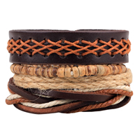 Cowhide Bracelet Set with Waxed Cotton Cord & Linen & Wood adjustable Length Approx 7-7.9 Inch Sold By Set