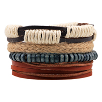 Cowhide Bracelet Set with Waxed Cotton Cord & Linen & Wood adjustable Length Approx 7-7.9 Inch Sold By Set