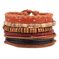 Cowhide Bracelet Set with Waxed Cotton Cord & Coco & PU Leather & Wood & Zinc Alloy platinum color plated with rivet stud & adjustable Length Approx 7-7.9 Inch Sold By Set