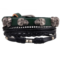 Cowhide Bracelet Set, with Waxed Cotton Cord & PU Leather & Tibetan Style, Skull, plated, with rivet stud & braided bracelet & adjustable, Length:Approx 7-7.9 Inch, 2Strands/Set, Sold By Set