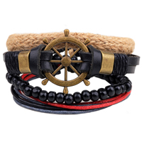 Cowhide Bracelet Set with Waxed Cotton Cord & Linen & Wood & Zinc Alloy Ship Wheel antique bronze color plated nautical pattern & adjustable Length Approx 7-7.9 Inch Sold By Set