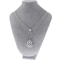Zinc Alloy Sweater Chain Necklace with brass chain Owl platinum color plated box chain & enamel & faceted & with rhinestone &  & hollow lead & cadmium free Length Approx 23.5 Inch Sold By Bag
