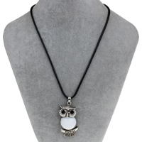 Tibetan Style Jewelry Necklace, with Waxed Linen Cord & Resin, with 5cm extender chain, Owl, antique silver color plated, with rhinestone, lead & cadmium free, 25x52x12mm, Sold Per Approx 16.5 Inch Strand