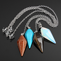 Gemstone Pendulum, with Clear Quartz & Brass, platinum color plated, natural & different materials for choice & oval chain, nickel, lead & cadmium free, 16x38mm, 14.5x8.5mm, 2.5x3x0.5mm, Length:Approx 9 Inch, 10Strands/Lot, Sold By Lot