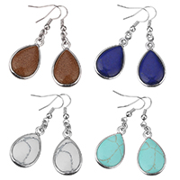 Gemstone Drop Earring, with Brass, Teardrop, platinum color plated, natural & different materials for choice, nickel, lead & cadmium free, 47mm, 15x25.5x6mm, 10Pairs/Lot, Sold By Lot