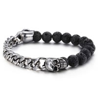 Natural Lava Beads with Stainless Steel Chain Bracelet Skull natural curb chain & blacken 11mm Sold Per Approx 9.5 Inch Strand