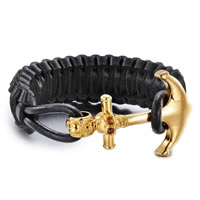 Men Bracelet, Cowhide, stainless steel clasp, Anchor, gold color plated, nautical pattern & blacken, 36mm, Sold Per Approx 9 Inch Strand