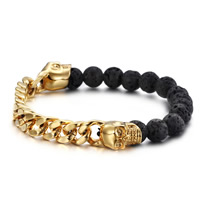 Lava Bracelet with Stainless Steel Skull gold color plated natural & curb chain 8.50mm Sold Per Approx 8.5 Inch Strand