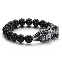 Bracelet de perles de verre, avec acier inoxydable, loup, noircir, 10mm, Vendu par Environ 8.5 pouce brin