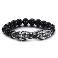 Bracelet de perles de verre, avec acier inoxydable, dragon, noircir, 10mm, Vendu par Environ 9 pouce brin