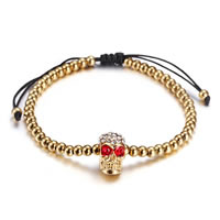 Stainless Steel Woven Ball Bracelets, with Nylon Cord, Skull, gold color plated, with rhinestone, 15x17mm, Sold Per 6.7-11 Inch Strand