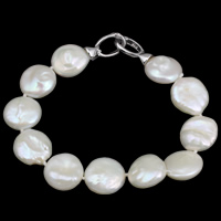 Bracelet en perles de culture d'eau douce, perle d'eau douce cultivée, laiton boucle déployante, pièce de monnaie, naturel, blanc, Niveau AA, 13-14mm, Vendu par Environ 6.5 pouce brin