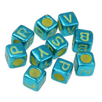 Alphabet Acryl Perlen, Würfel, UV plattiert, gemischtes Muster & mit Brief Muster, blau, 6x6mm, Bohrung:ca. 3mm, ca. 3000PCs/Tasche, verkauft von Tasche