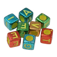 Perles acrylique alphabet, Placage UV, avec le motif de lettre & mélangé, 6x6mm, Trou:Environ 3mm, Environ 300PC/sac, Vendu par sac