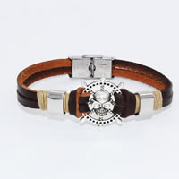 Men Bracelet, Cowhide, with Waxed Cotton Cord & Tibetan Style, Ship Wheel, plated, nautical pattern & with skull pattern, nickel, lead & cadmium free, Length:Approx 9 Inch, 10Strands/Lot, Sold By Lot
