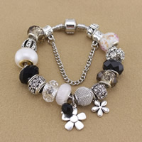 European Bracelet, Tibetan Style, with brass chain & Crystal & Lampwork, Flower, antique silver color plated, different length for choice & faceted & with rhinestone, nickel, lead & cadmium free, Sold By Strand