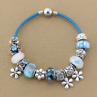 European Bracelet Zinc Alloy with PU Leather & Crystal & Lampwork Flower antique silver color plated & enamel & faceted & with rhinestone nickel lead & cadmium free Sold By Strand