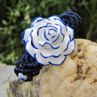 Bracelet en porcelaine, avec corde en nylon, fleur, vernissé, réglable, bleu, 180mm, Vendu par Environ 7 pouce brin