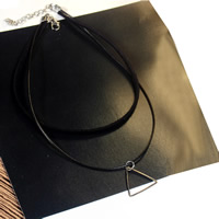 Layered Choker, Velveteen, with PU Leather Cord & Tibetan Style, with 2lnch extender chain, Triangle, platinum color plated, 2-strand, Sold Per Approx 14.5 Inch Strand