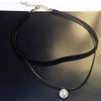 Layered Choker, Velveteen, with PU Leather Cord & Glass Pearl & Tibetan Style, with 2lnch extender chain, platinum color plated, 2-strand, Sold Per Approx 14.5 Inch Strand
