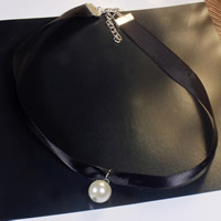 Mode Collier Choker, ruban de satin, avec perle de verre & alliage de zinc, avec 2lnch chaînes de rallonge, Placage de couleur platine, Vendu par Environ 14.5 pouce brin