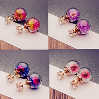 Double Faced Stud Earring Glass with Dried Flower & Rhinestone stainless steel post pin gold color plated with cubic zirconia 16mm Sold By Pair