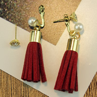 Fashion Fringe Earrings Zinc Alloy with Velveteen Cord & Glass Pearl stainless steel post pin gold color plated detachable & with rhinestone nickel lead & cadmium free 35mm Sold By Pair