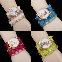 Wrap Watch, Tibetan Style, with Gauze & Plastic Sequin & PU Leather & Glass, stainless steel snap clasp, gold color plated, Bohemian style & adjustable & different designs for choice & with rhinestone & 2-strand, nickel, lead & cadmium free, 35mm, 20mm, Sold Per Approx 18.9 Inch Strand