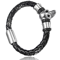 Мужской браслет, Шнур из натуральной кожи, с Силикон & нержавеющая сталь, Череп, со стразами & чернеют, 21x12mm, 8mm, 13.5x23x14mm, 8x12mm, длина:Приблизительно 8.5 дюймовый, 12пряди/Лот, продается Лот