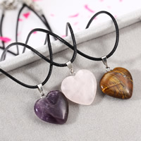 Natural Gemstone Necklace with PU Leather & Zinc Alloy with 1.8lnch extender chain Heart platinum color plated nickel lead & cadmium free Sold Per Approx 17.7 Inch Strand