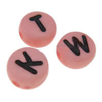 Alphabet Acrylic Beads, Flat Round, mixed pattern & with letter pattern, pink, 7x4mm, Hole:Approx 1mm, Approx 3500PCs/Bag, Sold By Bag