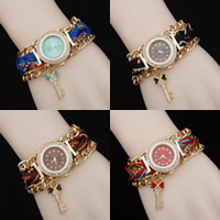 Women Watch Bracelet Zinc Alloy with Nylon Cord & Glass with 1.5lnch extender chain Key gold color plated braided & enamel & with rhinestone nickel lead & cadmium free 40mm 20mm Sold Per Approx 9.5 Inch Strand