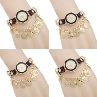 Women Watch Bracelet, Tibetan Style, with PU Leather & Glass, with 1.5lnch extender chain, Shell, gold color plated, with rhinestone, more colors for choice, nickel, lead & cadmium free, 30mm, 10mm, Sold Per Approx 9.5 Inch Strand