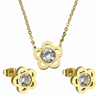 Cubic Zirconia Sada nerezových šperků, náušnice & náhrdelník, Nerez, s 2lnch extender řetězce, Květina, barva pozlacený, oválný řetězu & se zirkony, 12x12x3.5mm, 2x1.5x0.1mm, 12x12x13.5mm, Délka Cca 18.5 inch, 10Soupravy/Lot, Prodáno By Lot