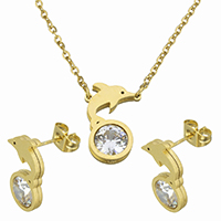 Cubic Zirconia Stainless Steel Jewelry Sets, earring & necklace, with 2lnch extender chain, Dolphin, gold color plated, oval chain & with cubic zirconia, 11x16x4mm, 2x1.5x0.1mm, 9x16x4mm, Length:Approx 18 Inch, 10Sets/Lot, Sold By Lot