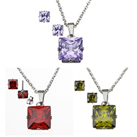 Cubic Zirconia Stainless Steel Jewelry Sets, earring & necklace, Square, oval chain & with cubic zirconia & faceted, more colors for choice, 11x12x7mm, 1.5x2x0.5mm, 8x8x15mm, Length:Approx 18 Inch, Sold By Set