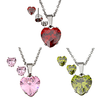 Cubic Zirconia Stainless Steel Jewelry Sets, earring & necklace, Heart, oval chain & with cubic zirconia & faceted, more colors for choice, 10x13.5x7mm, 1.5x2x0.5mm, 7x7x15mm, Length:Approx 18 Inch, Sold By Set