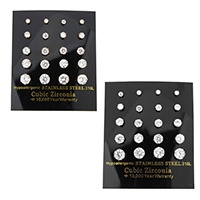 Cubic Zircon (CZ) Stud Earring, Stainless Steel, plated, with cubic zirconia & faceted, more colors for choice, 3*3mm,4*4mm,5*5mm,6*6mm,7*7mm, 10Pairs/Box, Sold By Box