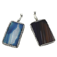 Lace Agate Pendants, with brass bail & Rhinestone Clay Pave, Rectangle, platinum color plated, dyed, mixed colors, 29x46x7mm-32x48x8mm, Hole:Approx 4x5mm, 2PCs/Bag, Sold By Bag