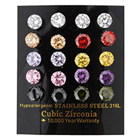 Zircon cubique ( CZ ) goujon boucle, acier inoxydable, avec zircone cubique & facettes, couleurs mélangées, 8x8x16mm, 10pairescouple/boîte, Vendu par boîte