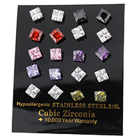 Cubic Zircon ( CZ ) Stud Earring, ROSTFRITT STÅL, Square, med cubic zirconia & fasetterad, flerfärgad, 7x7x14mm, 10Pairs/Box, Säljs av Box