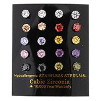 Cubic Zircon (CZ) Stud Earring, Stainless Steel, with cubic zirconia & faceted, mixed colors, 6x6x14.50mm, 10Pairs/Box, Sold By Box
