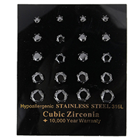 Cubic Zircon (CZ) Stud Earring, Stainless Steel, with cubic zirconia & faceted, black, 3.5x3.5x12.5mm, 4x4x13mm, 5.5x5.5x14mm, 6.5x6.5x15mm, 7x7x15mm, 10Pairs/Box, Sold By Box
