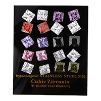 Cubic Zircon (CZ) Stud Earring, Stainless Steel, Square, with cubic zirconia & faceted, mixed colors, 8.50x8.50x15.50mm, 10Pairs/Box, Sold By Box